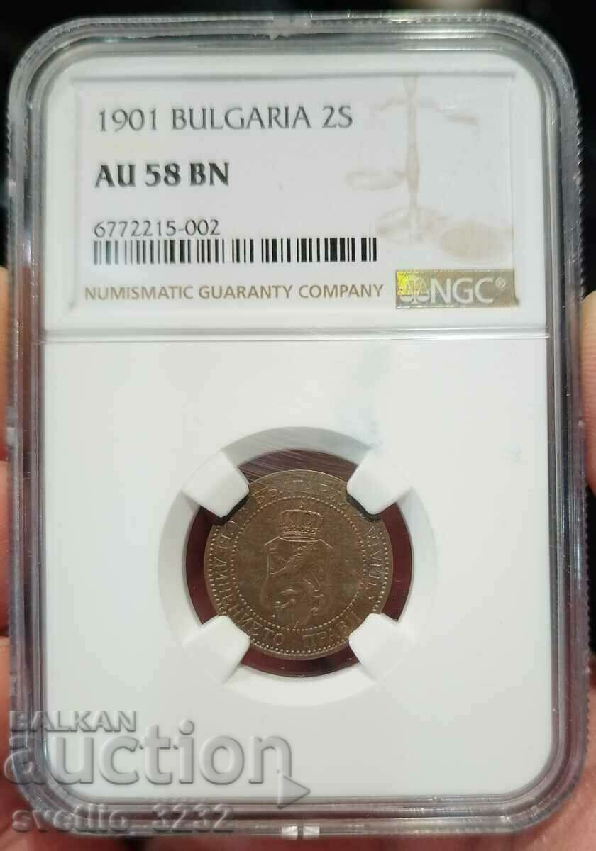 2 стотинки 1901 AU 58 NGC