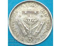 3 пенса 1940 Южна Африка Джордж VI сребро Патина