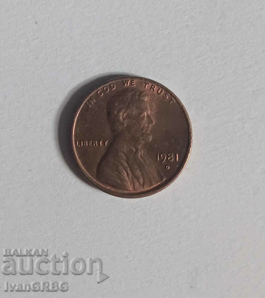 1 цент САЩ 1981 1 цент 1981 Американска монета Линкълн