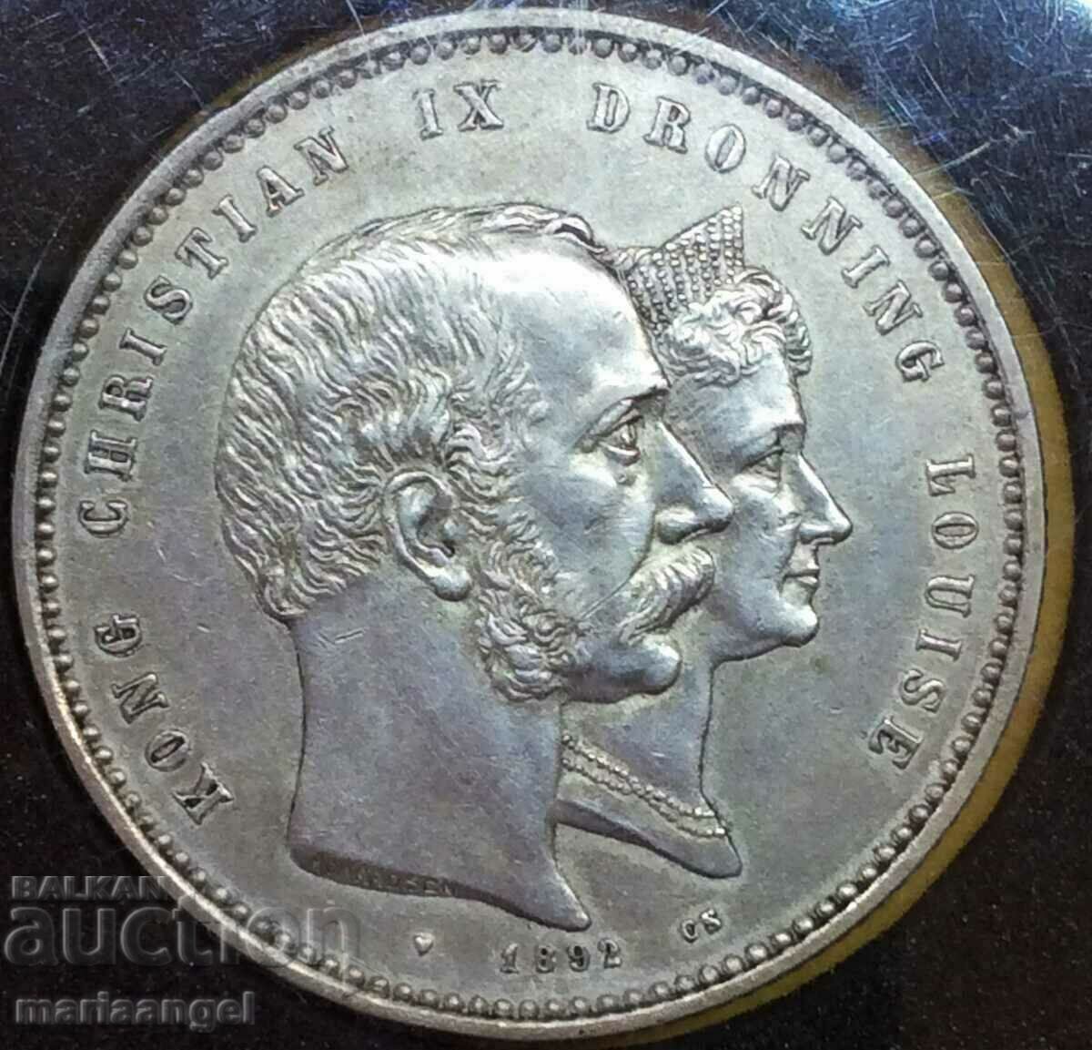 Дания 1892 2 крони мариаж - 50 години! сребро - качество