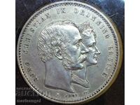 Denmark 1892 2 kroner marriage - 50 years! silver - quality