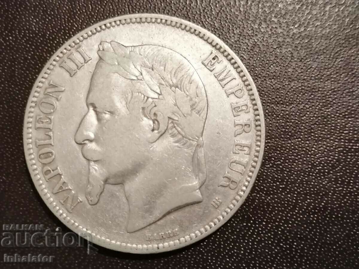 1869 год 5 франка буква ВВ Страсбург Наполеон 3