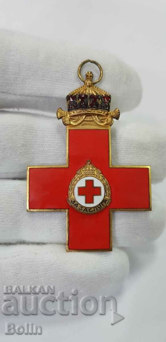 Medalie rară Crucea Roșie secolul I cu coroană și aurire „Servesc”