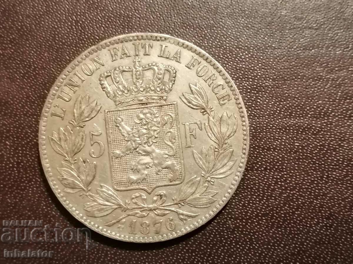 1876 год 5 франка Белгия Леополд 2