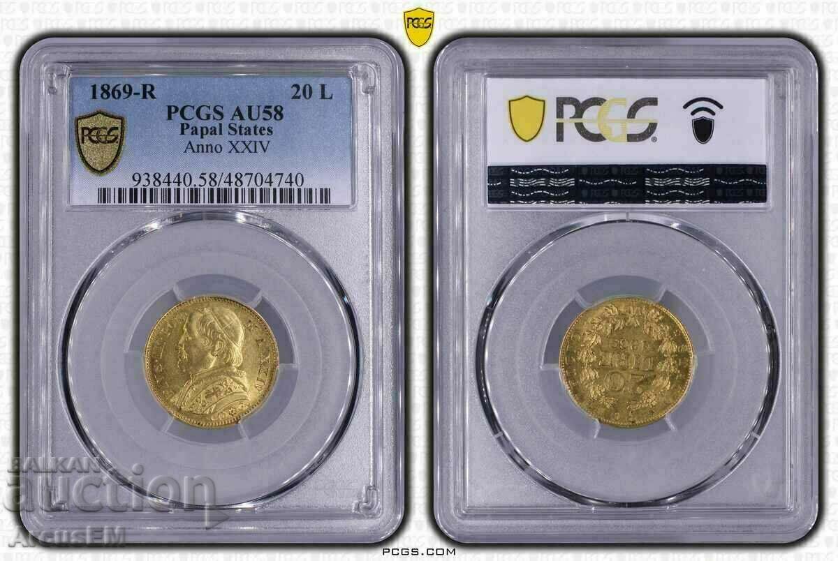 20 Lire-Gold-Papal State 1869 / 20 Lire Papal state Au