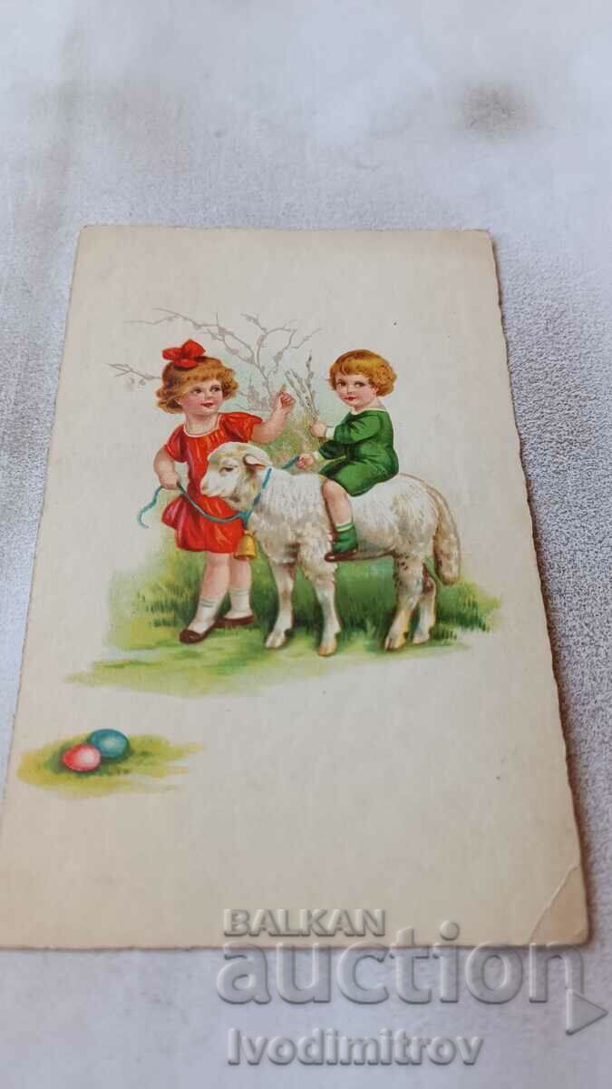 Καρτ ποστάλ Κορίτσι και αγόρι στο αρνί 1931