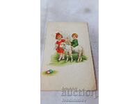 Пощенска картичка Момиченце и момченце върху агънце 1931