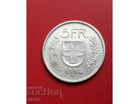 Швейцария-5 франка 1954-сребърна