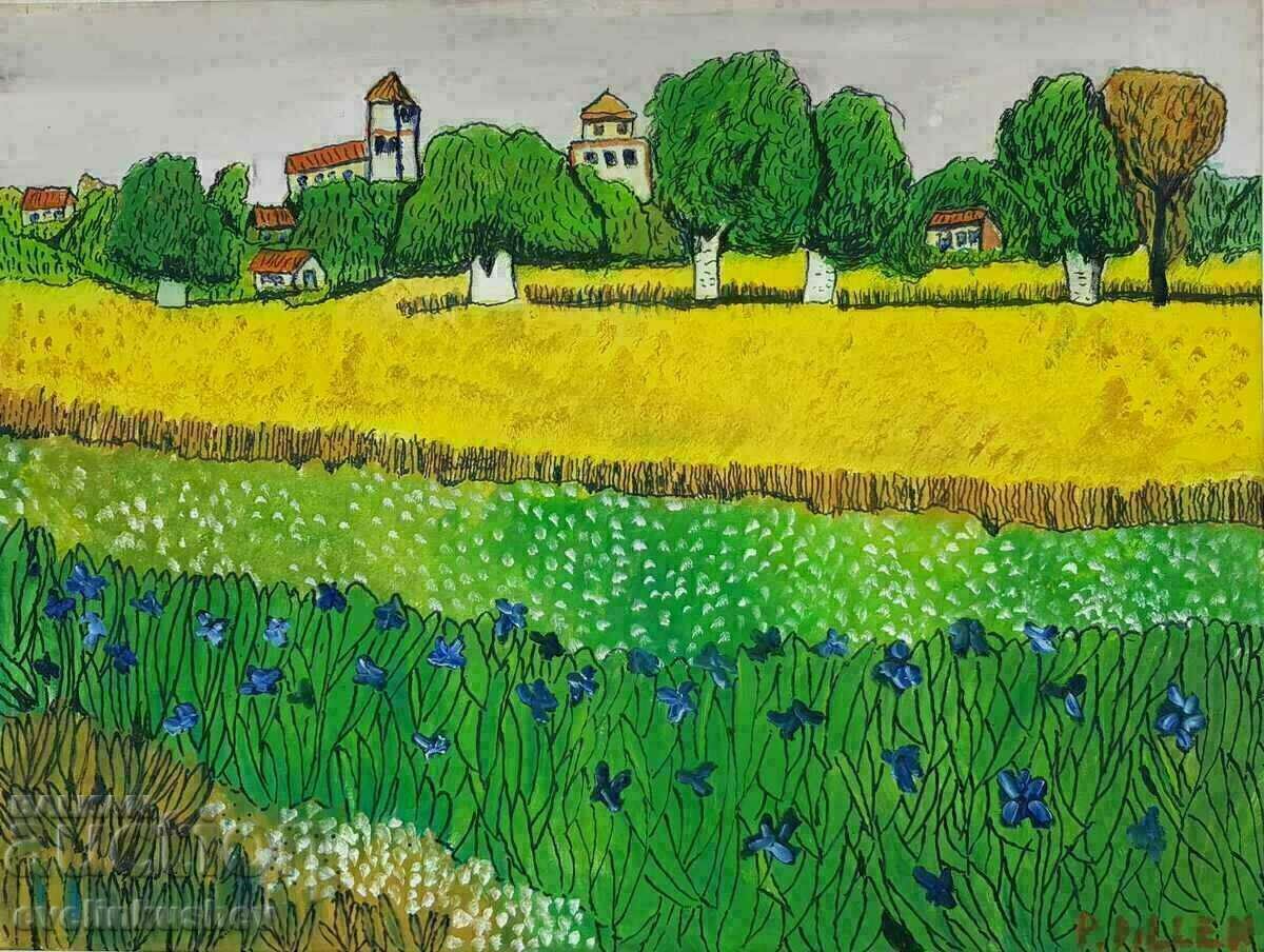 Маслена картина "Полски пейзаж с ириси" подписана P. DILLEN