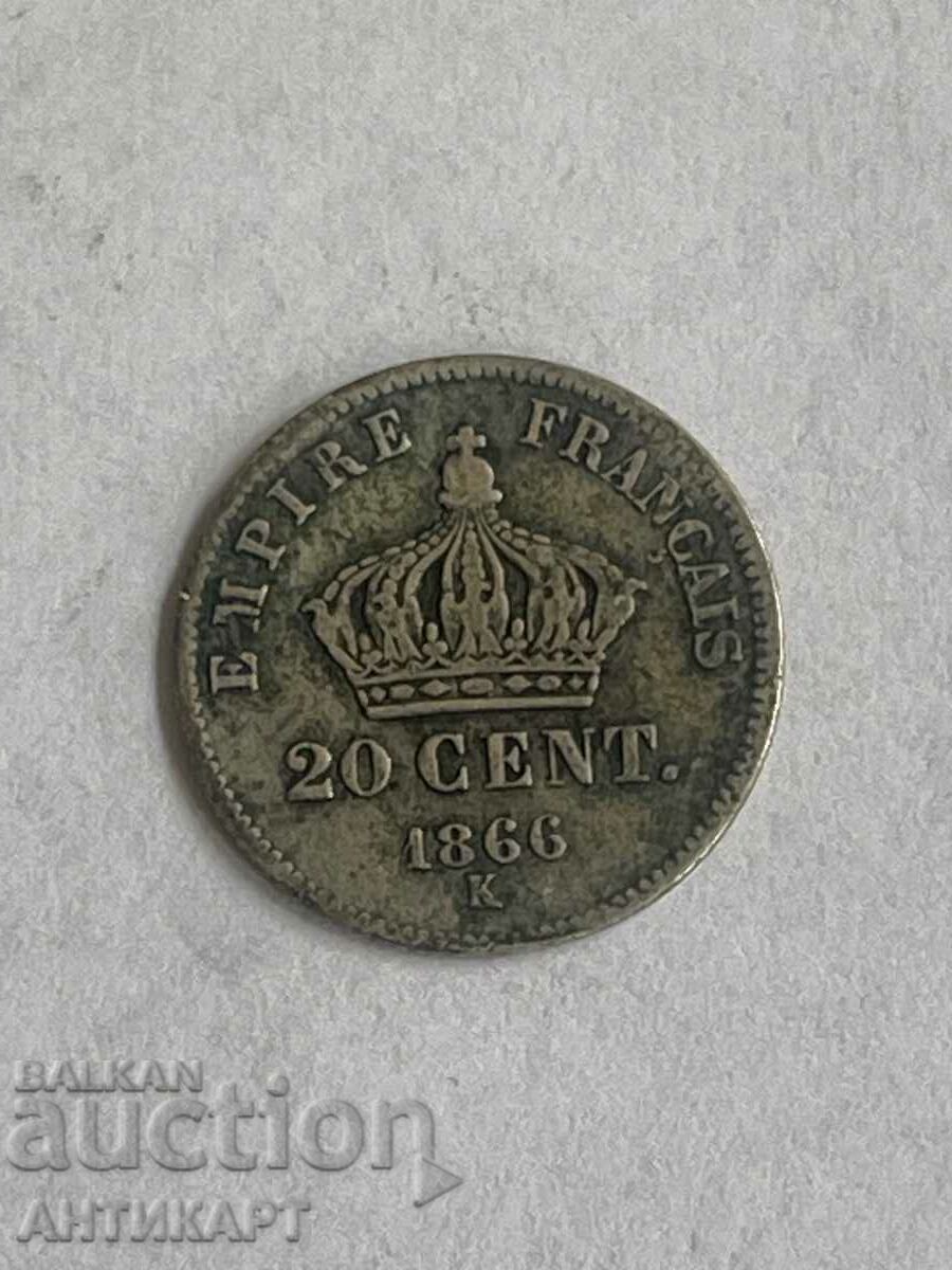 сребърна монета 20 сантима 1866 К Франция сребро