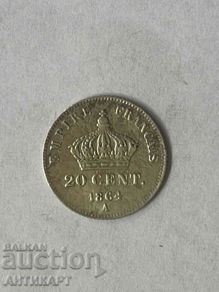 сребърна монета 20 сантима 1864 A Франция сребро