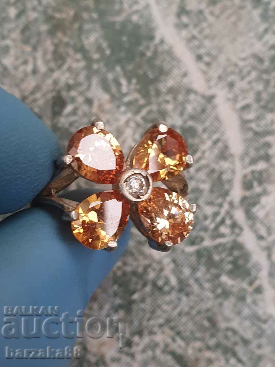 Silver ring with orange stones Flower