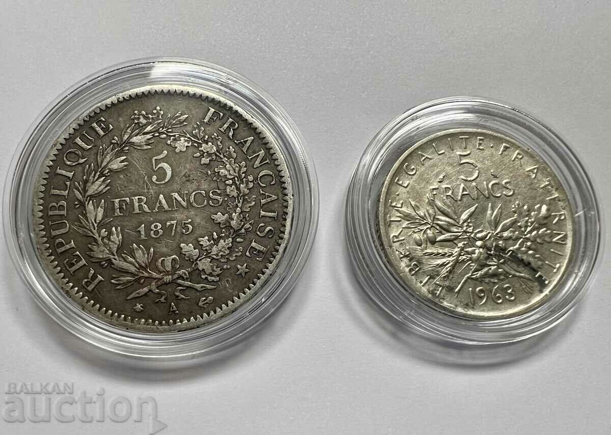 Monede de argint Franța 5 franci 1875 și 1963