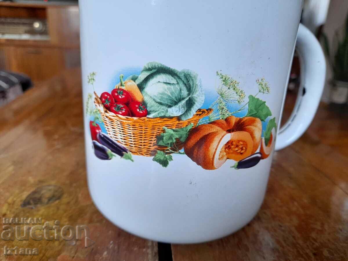 Old enameled jug, cup with price 22.00 BGN | € 11.25 Old enameled jug, cup with price 22.00 BGN | € 11.25