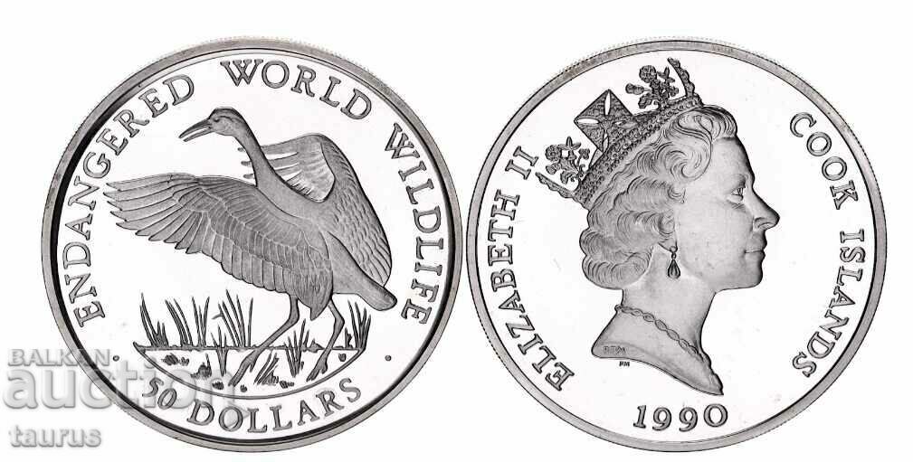 COOK ISLANDS 50 DOLLARS, 1990. Ασημί.