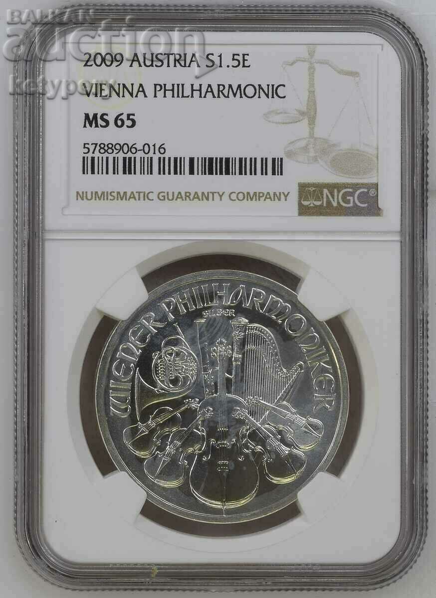 1 oz сребро 1,5 ЕВРО Виенска Филхармония 2009 г NGC MS 65