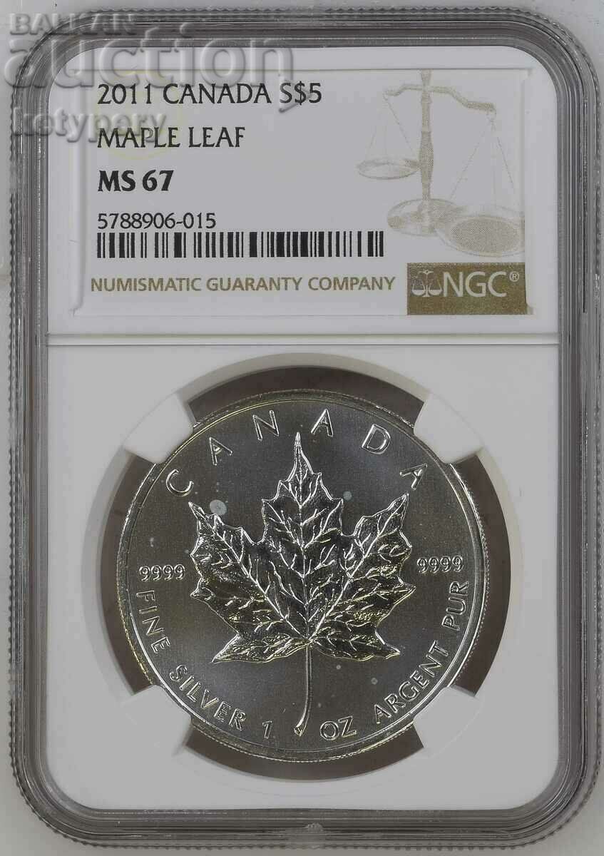1 oz сребро 5 долара Канадски кленов лист 2011 г. NGC MS 67