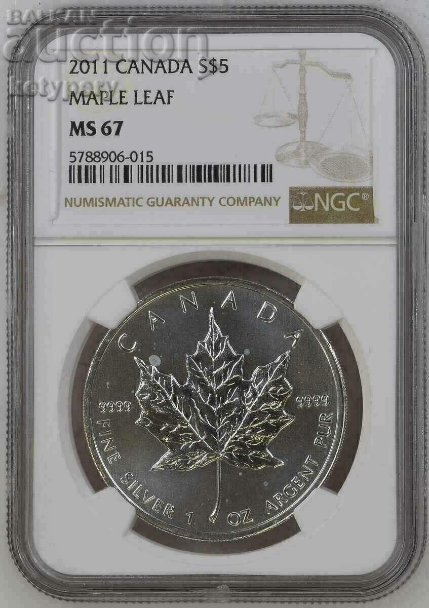 1 oz сребро 5 долара Канадски кленов лист 2011 г NGC MS 67