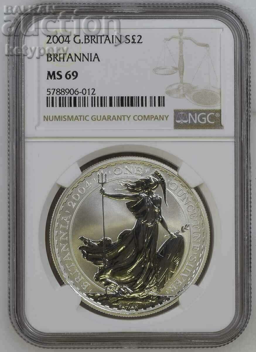 1 oz argint 2 lire Marea Britanie 2004 NGC MS 69