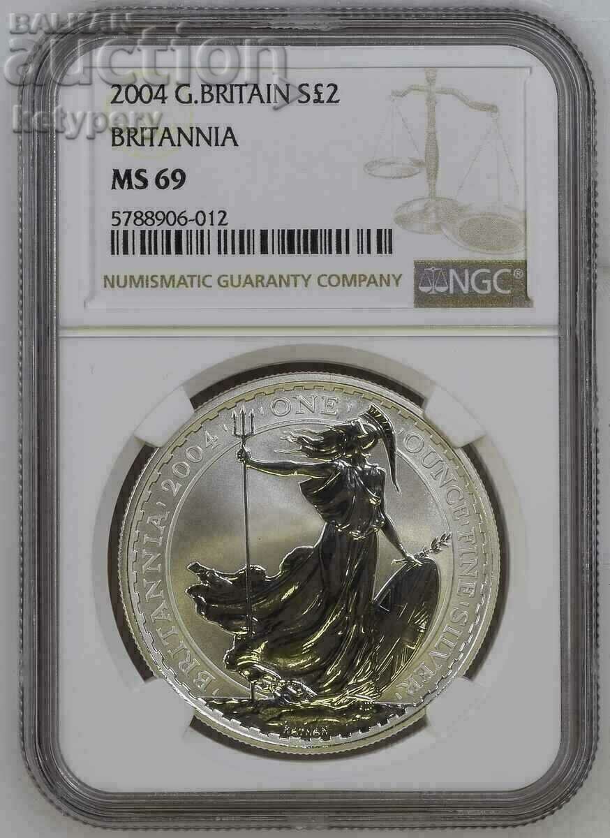 1 oz сребро 2 паунда Британия 2004 г NGC MS 69