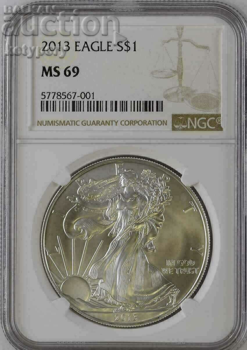 1 oz сребро 1 долар 2013 Американски орел NGC MS 69