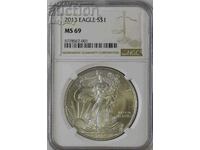 1 ουγκιά ασήμι 1 $ 2013 American Eagle NGC MS 69