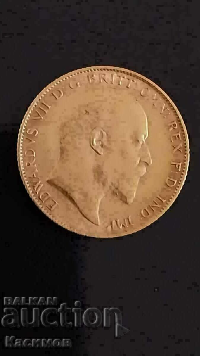 Monedă de aur 1905 veche RARE a Marii Britanii de 1/2 liră!