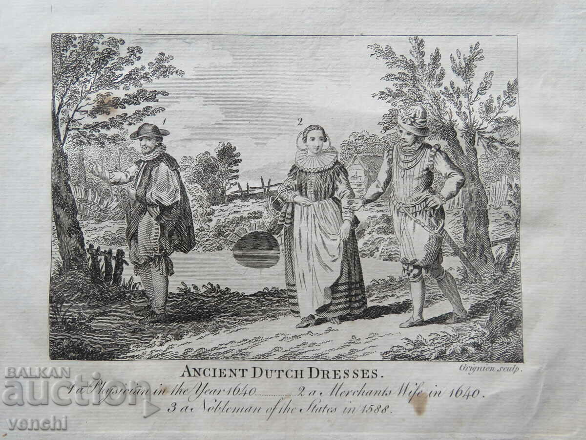 Auction 1790 - ENGRAVING - Historical Dutch Costumes - ORIGINAL Auction 1790 - ENGRAVING - Historical Dutch Costumes - ORIGINAL