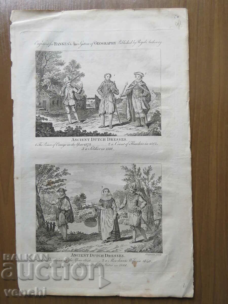 1790 - GRAVURĂ - Costume istorice olandeze - ORIGINAL