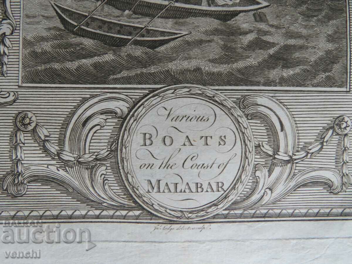 Livrarea 1780 - GRAVURĂ - MAURICE - DIFERITE AMBARCAȚIUNI DIN MALABAR - ORIGINAL