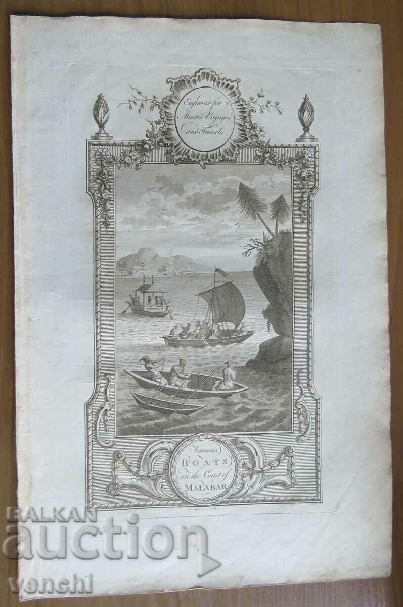 1780 - GRAVURĂ - MAURICE - DIFERITE AMBARCAȚIUNI DIN MALABAR - ORIGINAL