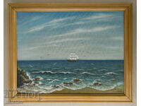 Маслена картина Море, кораб 1975 г. Вл. Ангелов, рамка 38/47