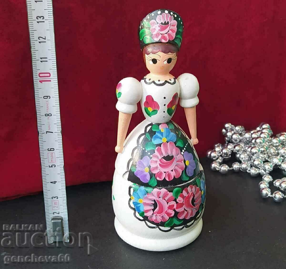 Traditional Hungarian wooden doll, box for trinkets