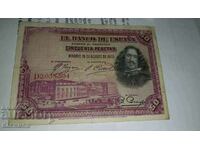 Bancnotă veche rară din Spania 50 pesetas 1928.