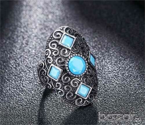 Vintage Turquoise Ring, Tibetan Silver, Size 62