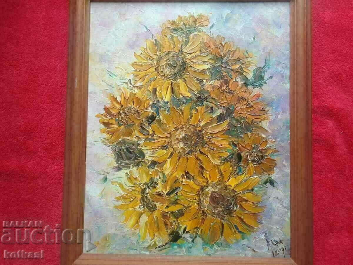 Bulgarian author Vyara Georg Sunflowers oil canvas signature with price 985.50 BGN | € 503.88 Bulgarian author Vyara Georg Sunflowers oil canvas signature with price 985.50 BGN | € 503.88