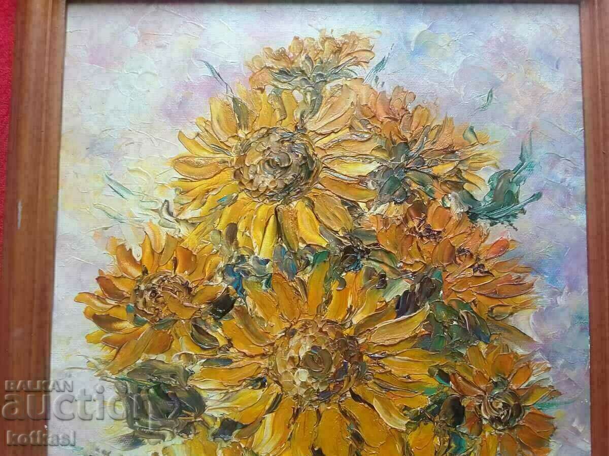 Auction Bulgarian author Vyara Georg Sunflowers oil canvas signature Auction Bulgarian author Vyara Georg Sunflowers oil canvas signature