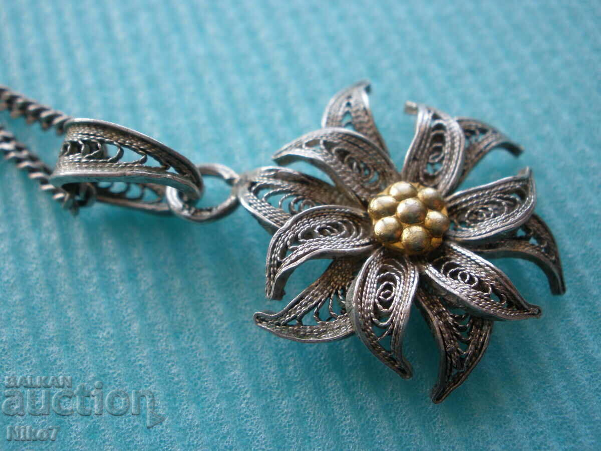 Delivery of Antique silver necklace, flower necklace, filigree with gilding.
