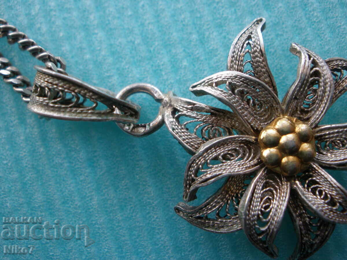 Antique silver necklace, flower necklace, filigree with gilding. - 5