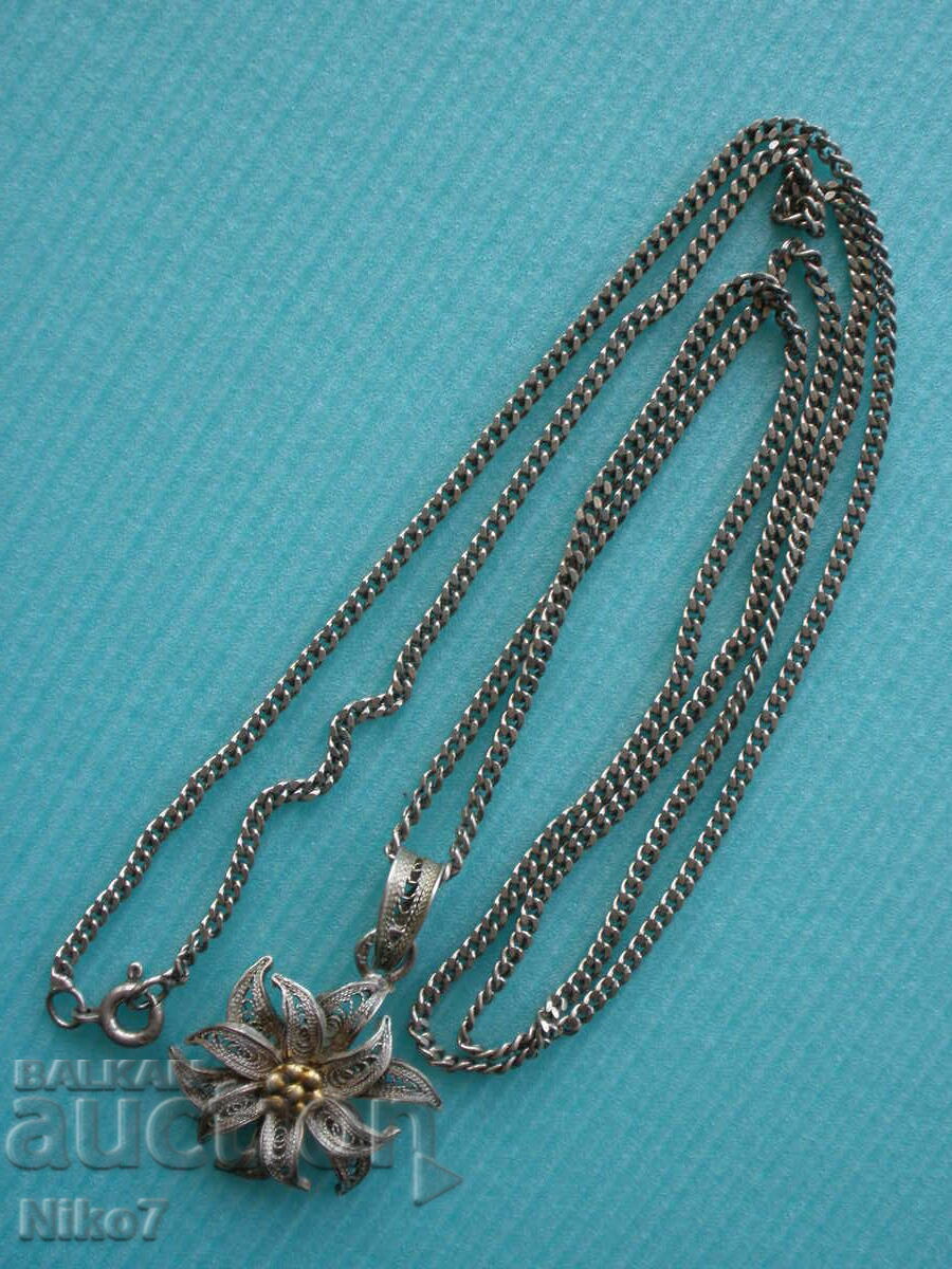 Antique silver necklace, flower necklace, filigree with gilding.