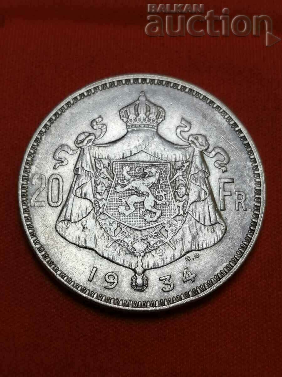 Belgia 20 franci 1934, Albert. Argint