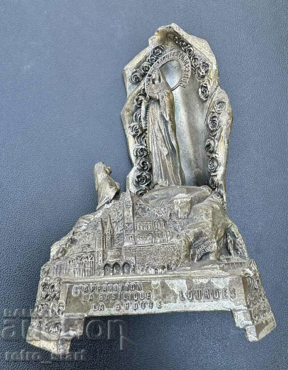 Figurină antică din metal cu felinar, Fecioara Maria