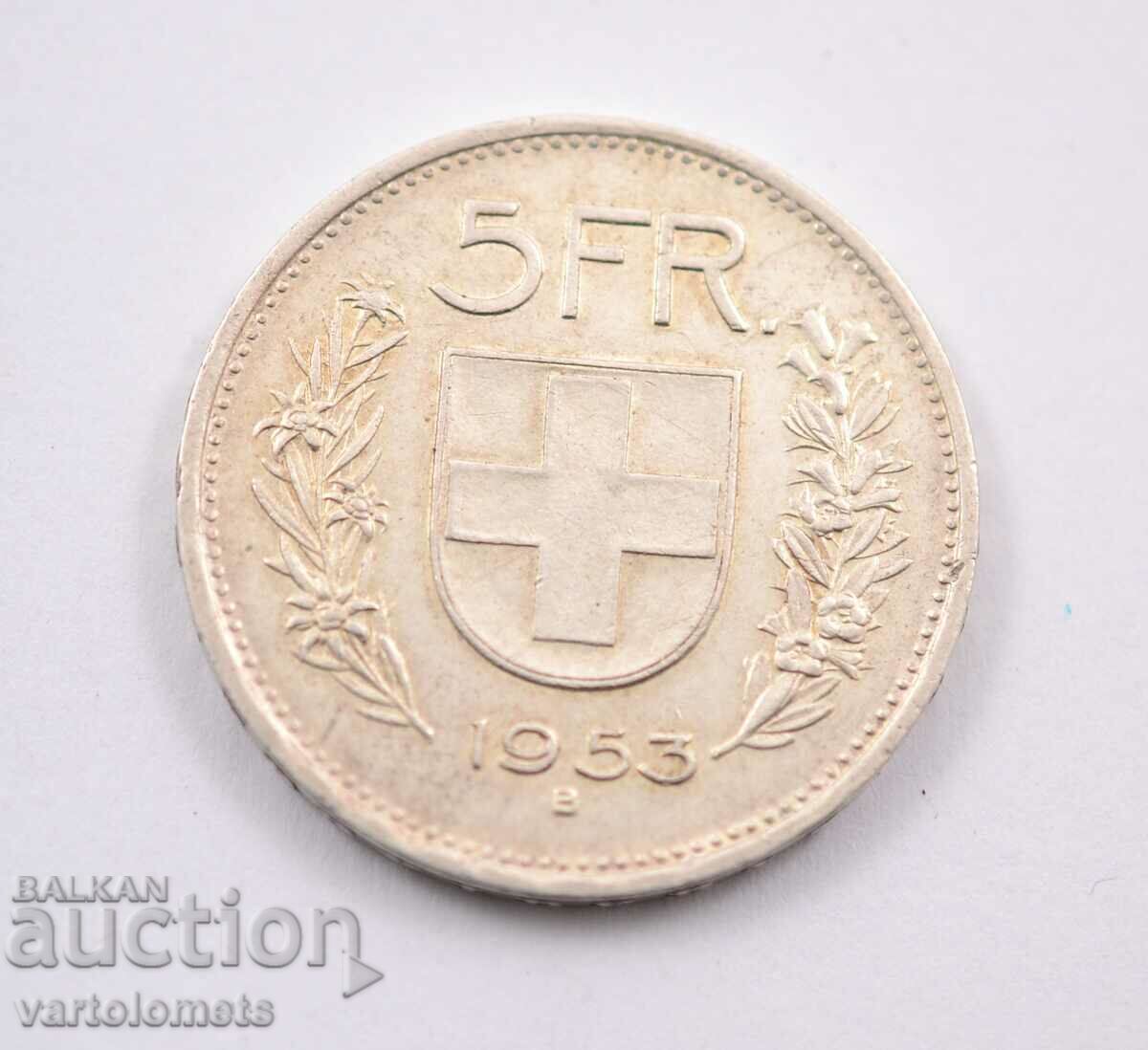 5 franci 1953 - Elveția, Argint 0.835, 15g, ø 31.45mm