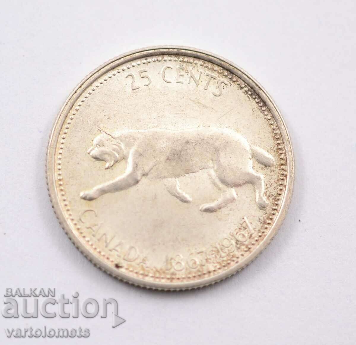 25 de cenți, 1967 - Canada, Argint 0,800, 5,83 gr., ø23,88 mm