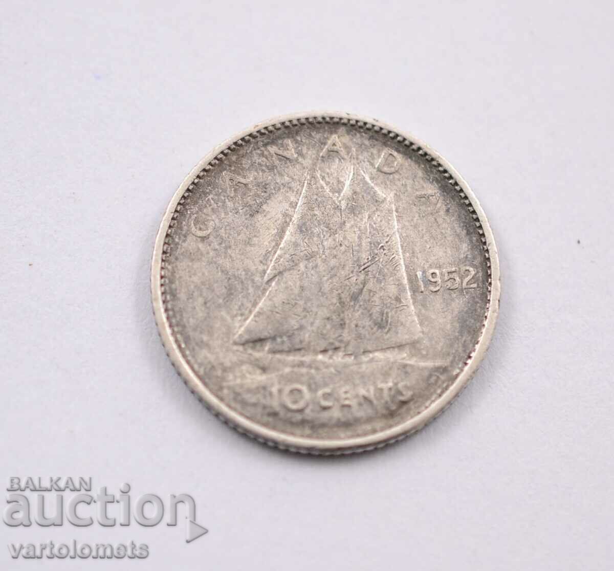 10 цента, 1952 - Канада,  Сребро 0.800, 2.33g, ø 18.03mm