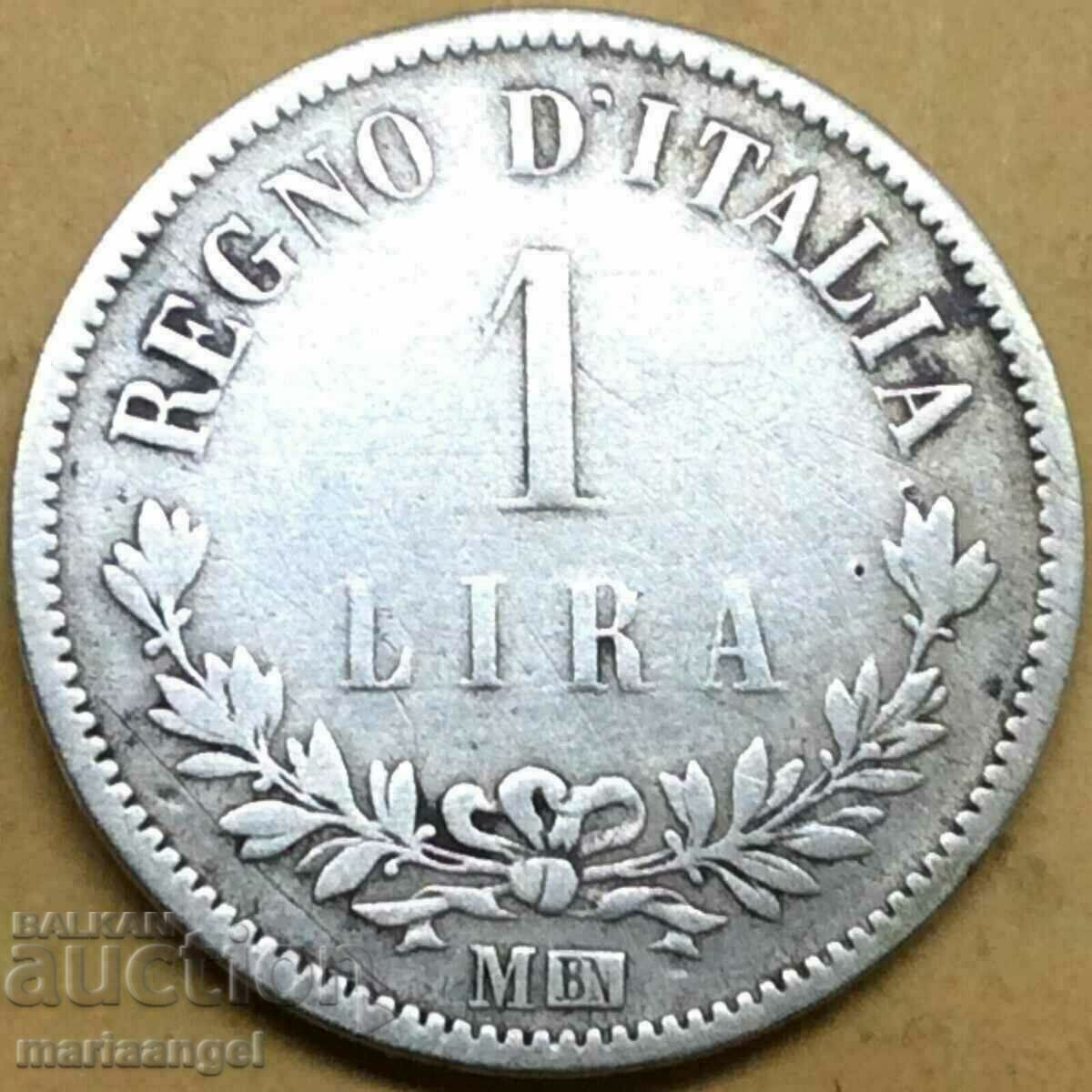 Италия 1 лира  "Digit" (Цифра) 1863 М - Милан  сребро