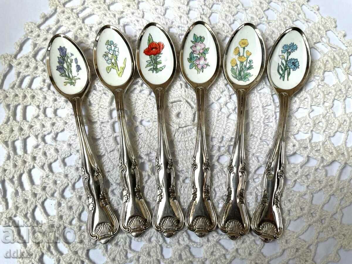 Beautiful silver plated tea spoons with different flowers