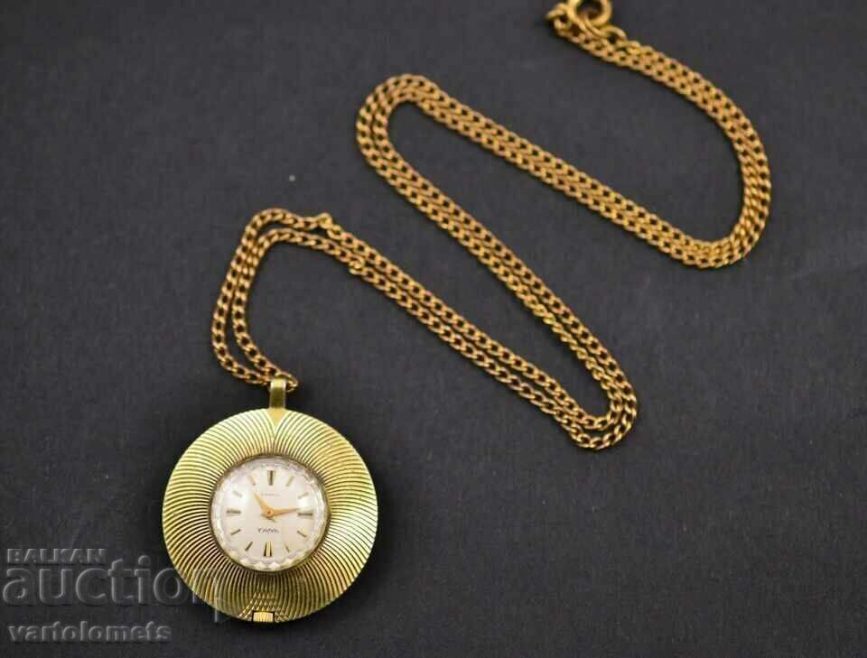 Ceas de dama, colier CHAIKA placat cu aur URSS - functioneaza