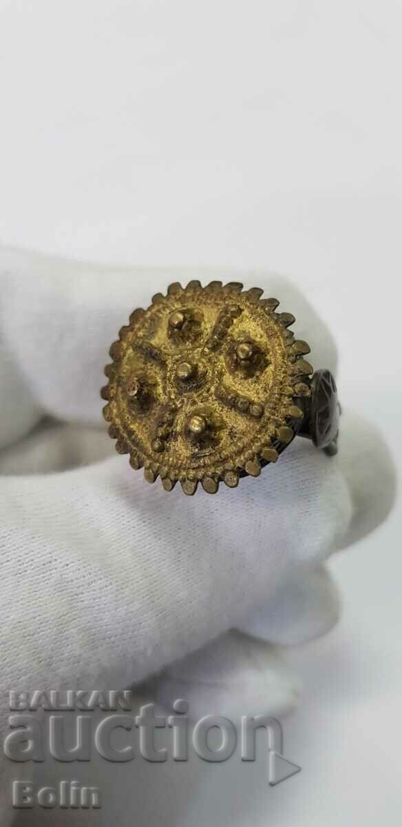 A rare 19th century silver gilt revival ring
