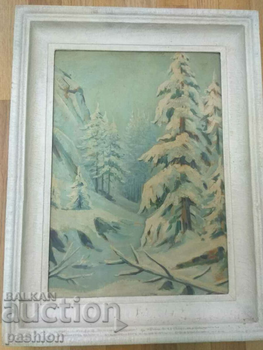 Pictură veche în ulei cu ramă, „Poza de iarnă”